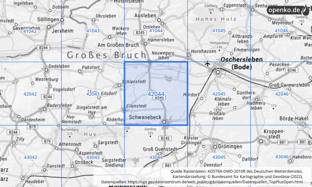 Übersichtskarte KOSTRA-DWD-2010R Rasterfeld Nr. 42044 mit angrenzenden Feldern