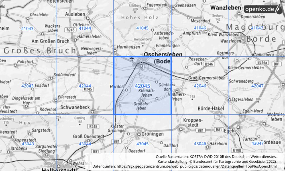 Übersichtskarte KOSTRA-DWD-2010R Rasterfeld Nr. 42045 mit angrenzenden Feldern