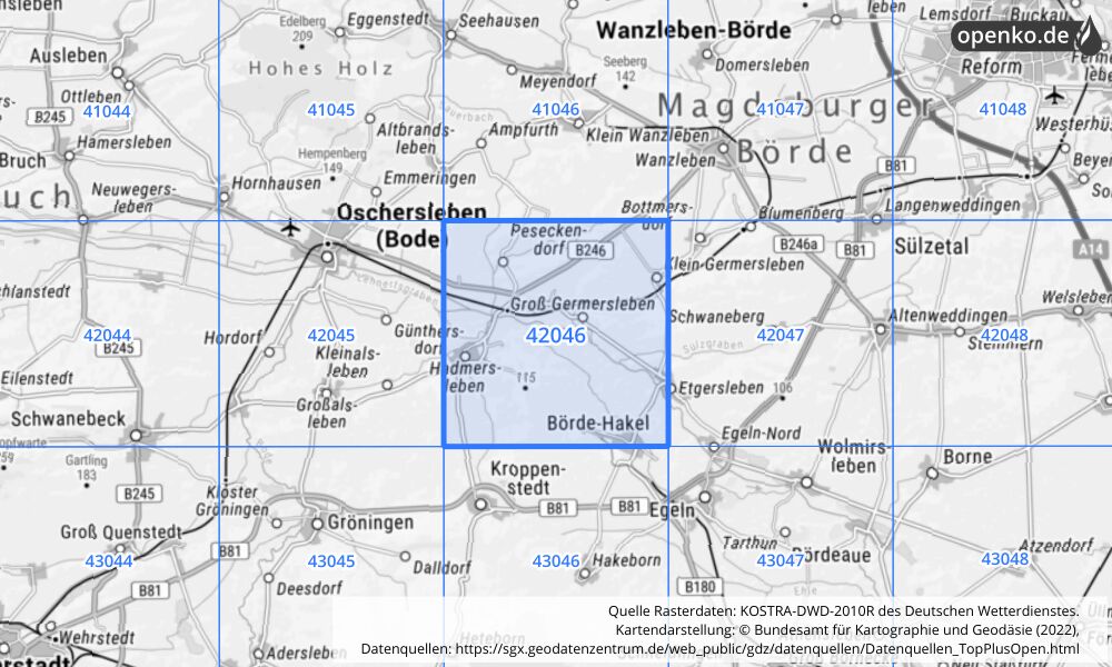 Übersichtskarte KOSTRA-DWD-2010R Rasterfeld Nr. 42046 mit angrenzenden Feldern