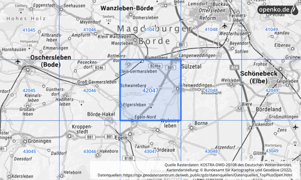 Übersichtskarte KOSTRA-DWD-2010R Rasterfeld Nr. 42047 mit angrenzenden Feldern