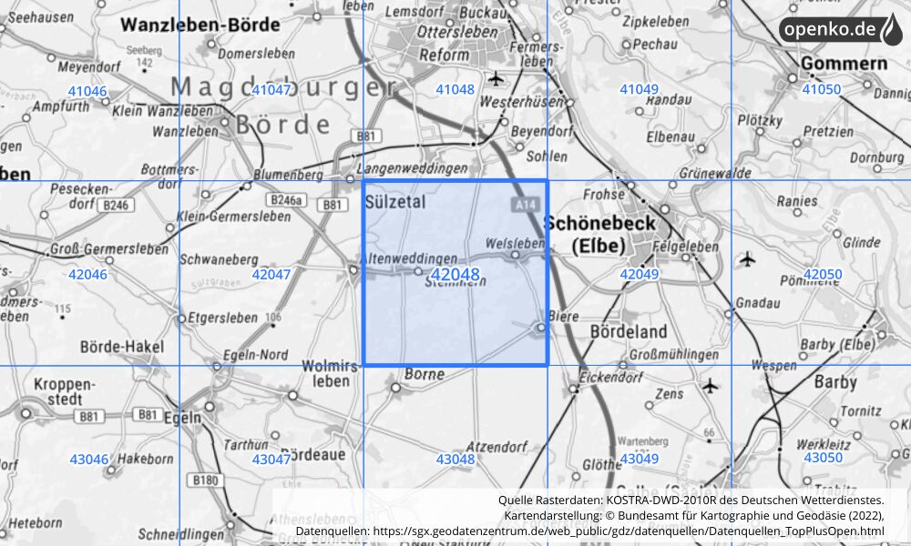 Übersichtskarte KOSTRA-DWD-2010R Rasterfeld Nr. 42048 mit angrenzenden Feldern