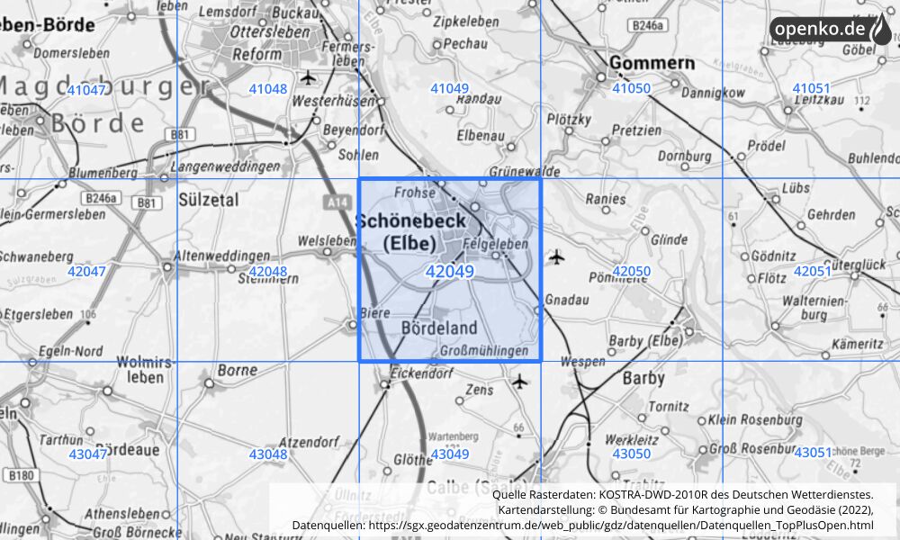 Übersichtskarte KOSTRA-DWD-2010R Rasterfeld Nr. 42049 mit angrenzenden Feldern