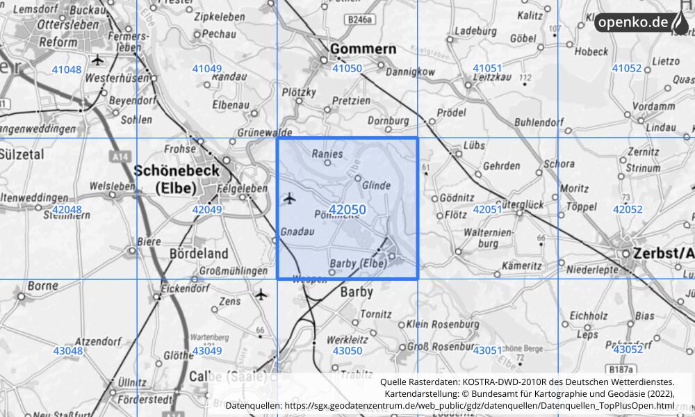 Übersichtskarte KOSTRA-DWD-2010R Rasterfeld Nr. 42050 mit angrenzenden Feldern