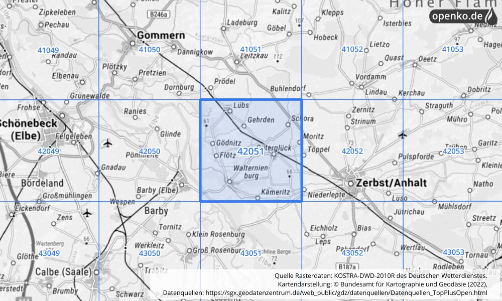 Übersichtskarte KOSTRA-DWD-2010R Rasterfeld Nr. 42051 mit angrenzenden Feldern