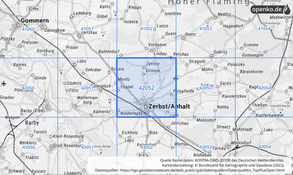 Übersichtskarte KOSTRA-DWD-2010R Rasterfeld Nr. 42052 mit angrenzenden Feldern