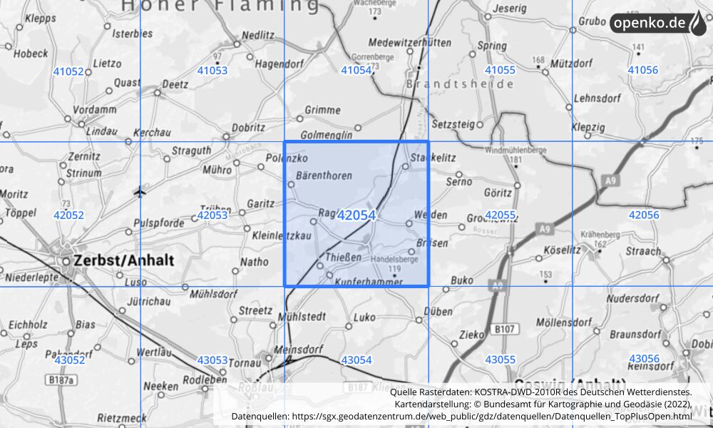 Übersichtskarte KOSTRA-DWD-2010R Rasterfeld Nr. 42054 mit angrenzenden Feldern