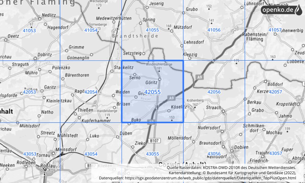 Übersichtskarte KOSTRA-DWD-2010R Rasterfeld Nr. 42055 mit angrenzenden Feldern