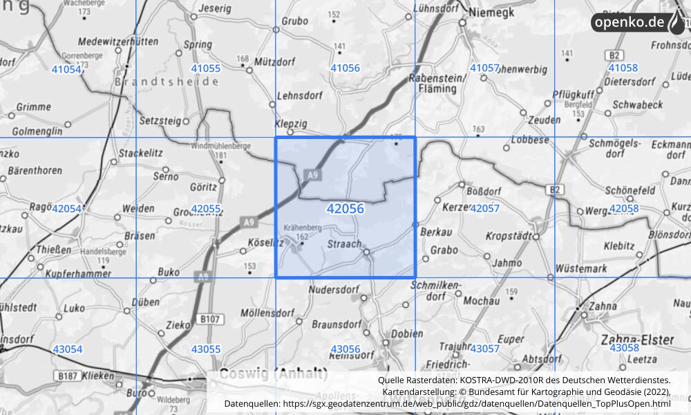 Übersichtskarte KOSTRA-DWD-2010R Rasterfeld Nr. 42056 mit angrenzenden Feldern