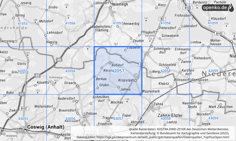 Übersichtskarte KOSTRA-DWD-2010R Rasterfeld Nr. 42057 mit angrenzenden Feldern