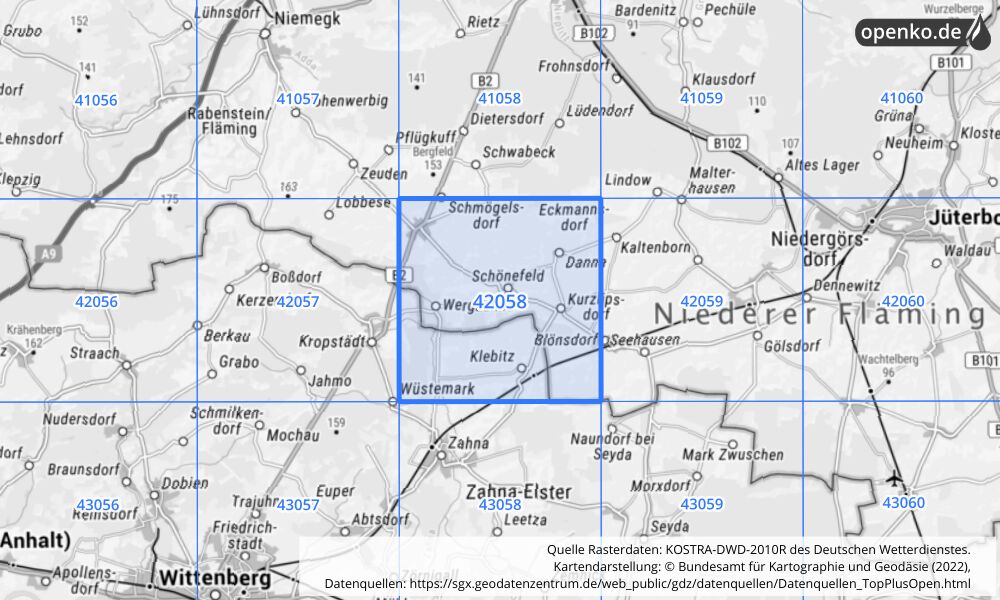 Übersichtskarte KOSTRA-DWD-2010R Rasterfeld Nr. 42058 mit angrenzenden Feldern