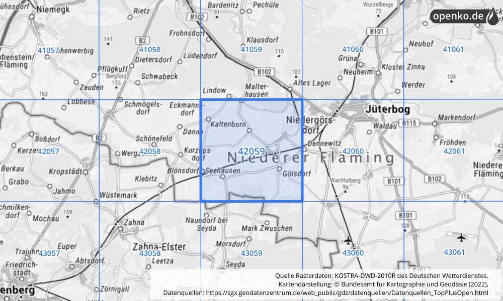 Übersichtskarte KOSTRA-DWD-2010R Rasterfeld Nr. 42059 mit angrenzenden Feldern