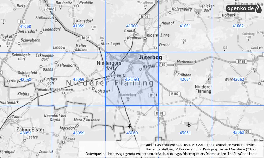 Übersichtskarte KOSTRA-DWD-2010R Rasterfeld Nr. 42060 mit angrenzenden Feldern