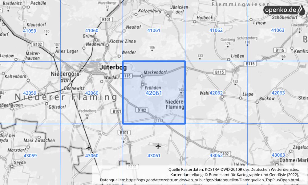 Übersichtskarte KOSTRA-DWD-2010R Rasterfeld Nr. 42061 mit angrenzenden Feldern
