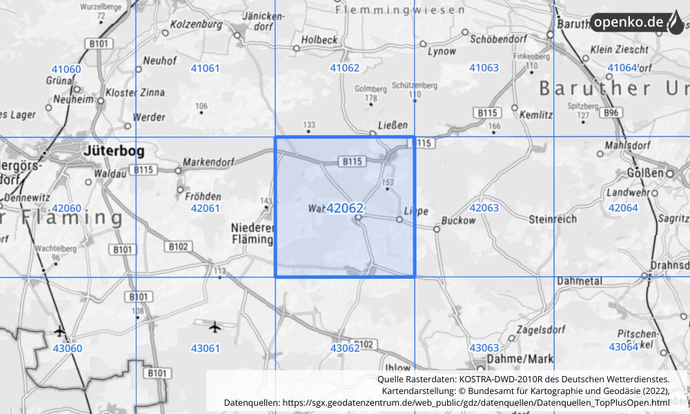 Übersichtskarte KOSTRA-DWD-2010R Rasterfeld Nr. 42062 mit angrenzenden Feldern