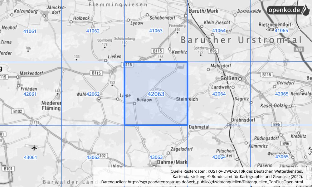 Übersichtskarte KOSTRA-DWD-2010R Rasterfeld Nr. 42063 mit angrenzenden Feldern