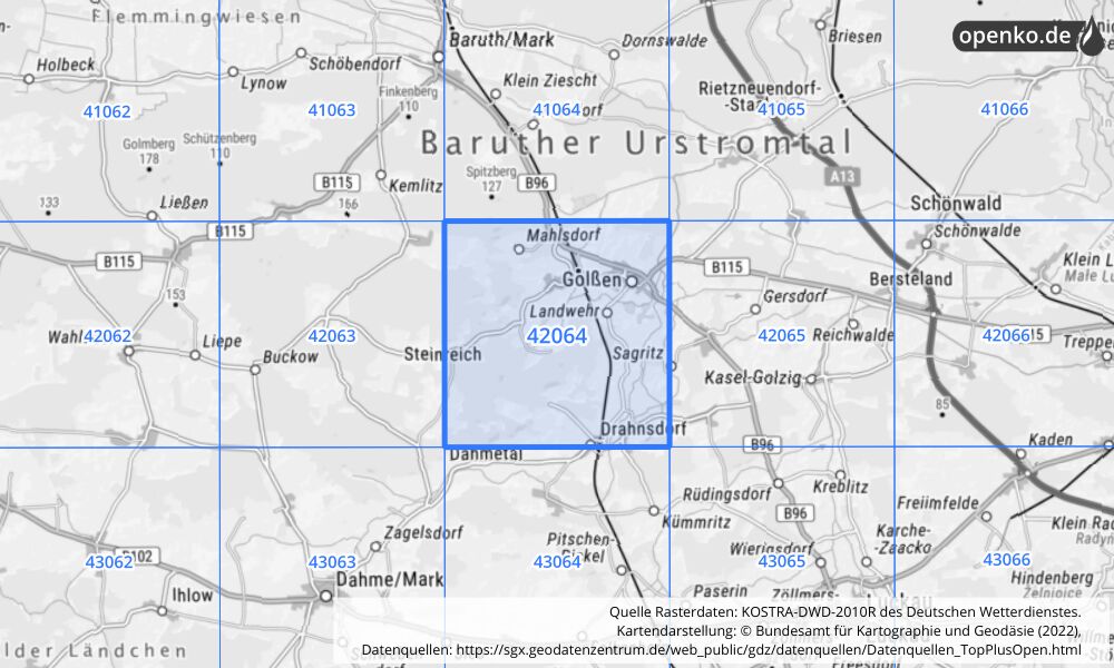 Übersichtskarte KOSTRA-DWD-2010R Rasterfeld Nr. 42064 mit angrenzenden Feldern