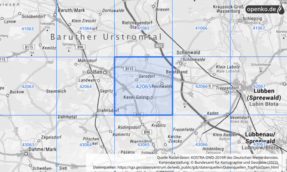 Übersichtskarte KOSTRA-DWD-2010R Rasterfeld Nr. 42065 mit angrenzenden Feldern