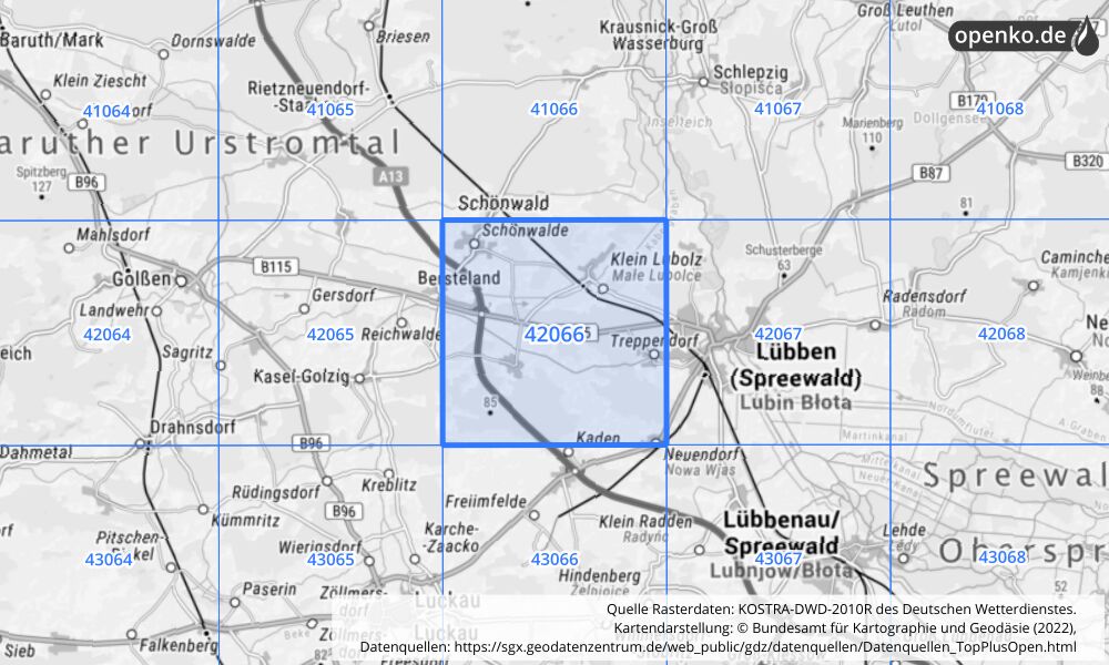 Übersichtskarte KOSTRA-DWD-2010R Rasterfeld Nr. 42066 mit angrenzenden Feldern