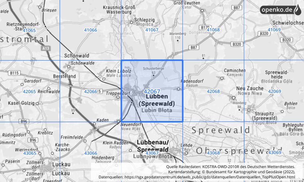 Übersichtskarte KOSTRA-DWD-2010R Rasterfeld Nr. 42067 mit angrenzenden Feldern