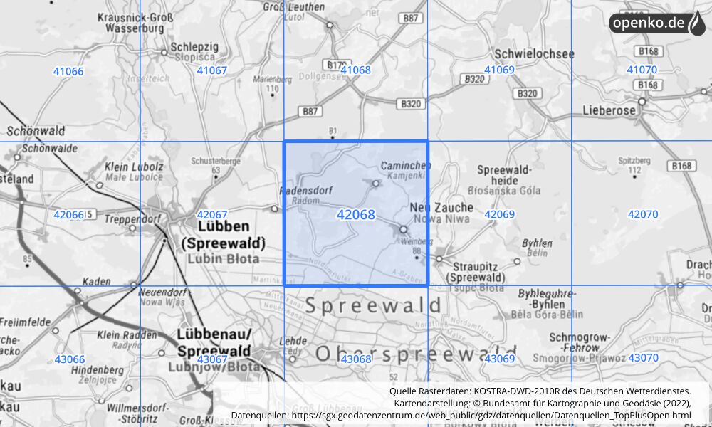 Übersichtskarte KOSTRA-DWD-2010R Rasterfeld Nr. 42068 mit angrenzenden Feldern