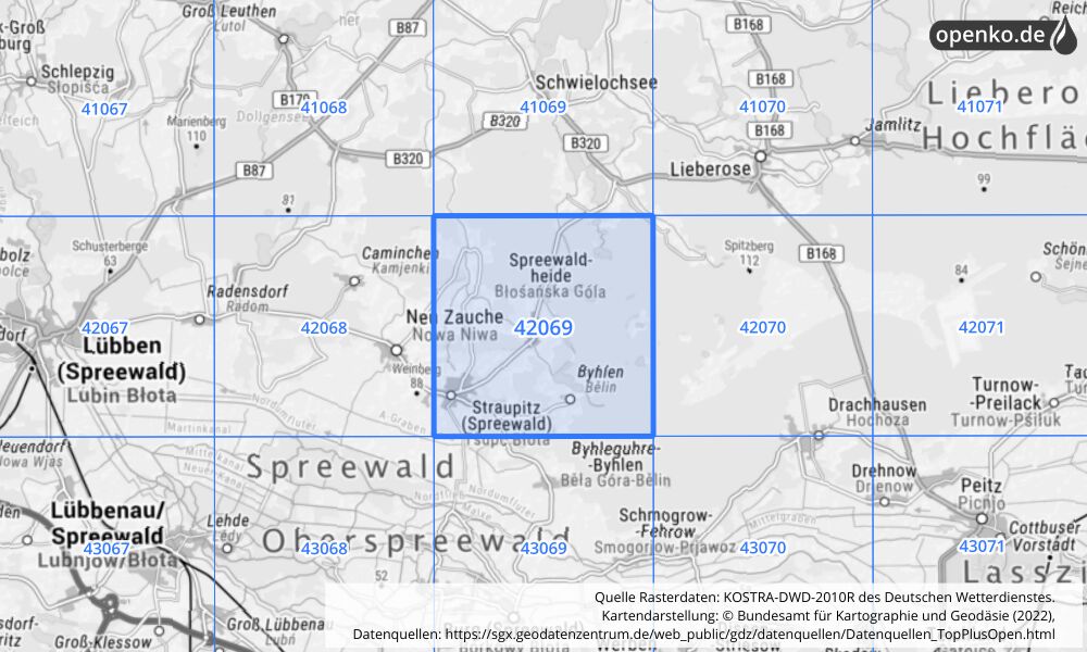 Übersichtskarte KOSTRA-DWD-2010R Rasterfeld Nr. 42069 mit angrenzenden Feldern