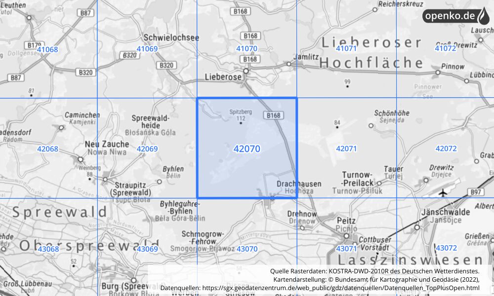 Übersichtskarte KOSTRA-DWD-2010R Rasterfeld Nr. 42070 mit angrenzenden Feldern