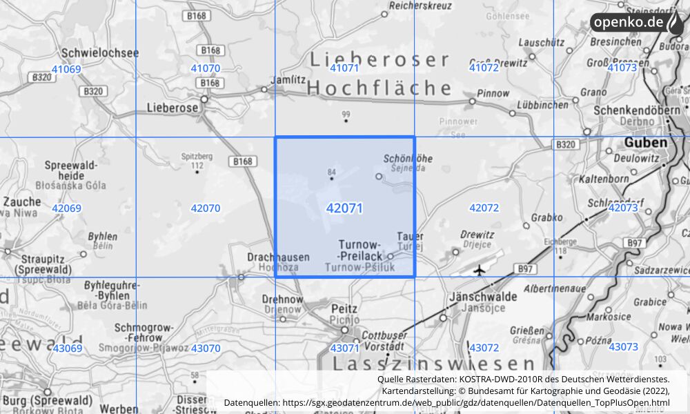 Übersichtskarte KOSTRA-DWD-2010R Rasterfeld Nr. 42071 mit angrenzenden Feldern