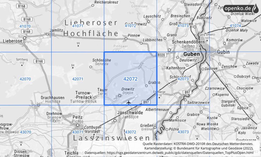 Übersichtskarte KOSTRA-DWD-2010R Rasterfeld Nr. 42072 mit angrenzenden Feldern