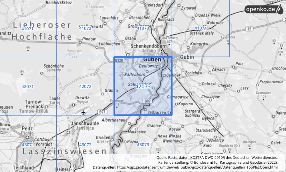 Übersichtskarte KOSTRA-DWD-2010R Rasterfeld Nr. 42073 mit angrenzenden Feldern