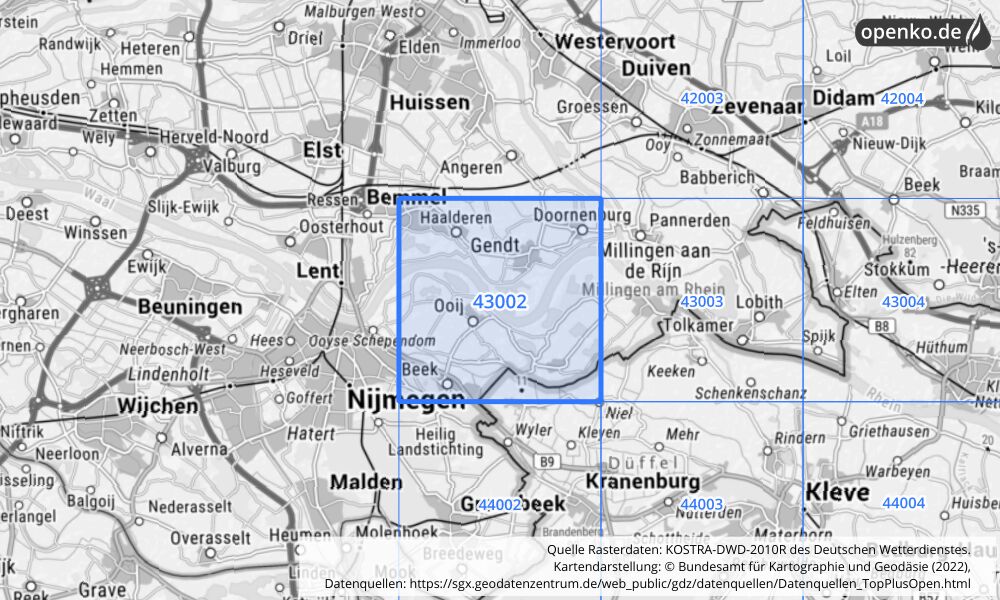 Übersichtskarte KOSTRA-DWD-2010R Rasterfeld Nr. 43002 mit angrenzenden Feldern