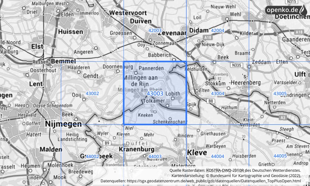 Übersichtskarte KOSTRA-DWD-2010R Rasterfeld Nr. 43003 mit angrenzenden Feldern