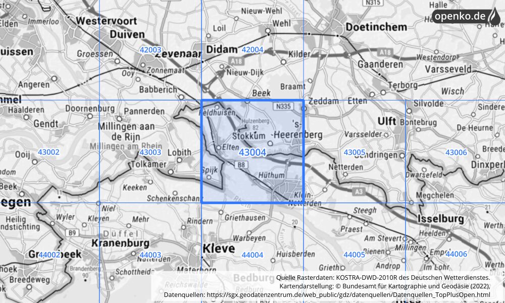 Übersichtskarte KOSTRA-DWD-2010R Rasterfeld Nr. 43004 mit angrenzenden Feldern