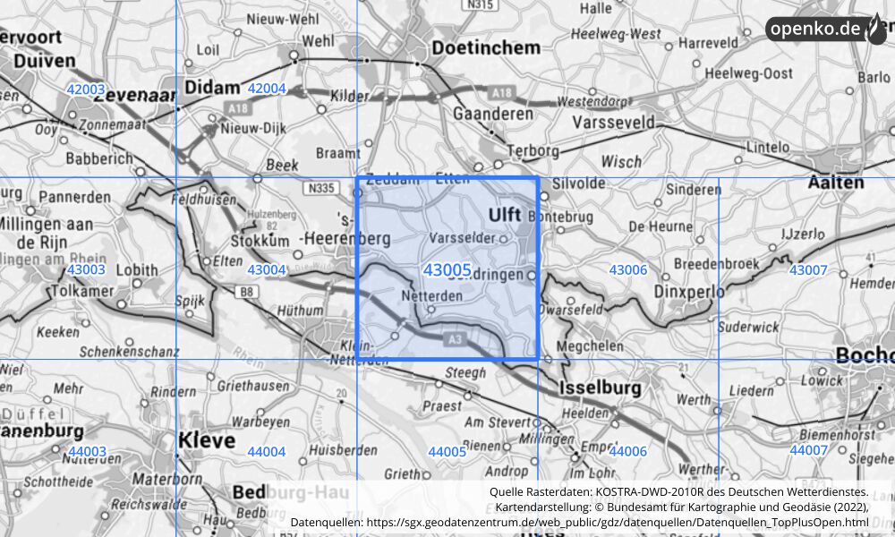 Übersichtskarte KOSTRA-DWD-2010R Rasterfeld Nr. 43005 mit angrenzenden Feldern