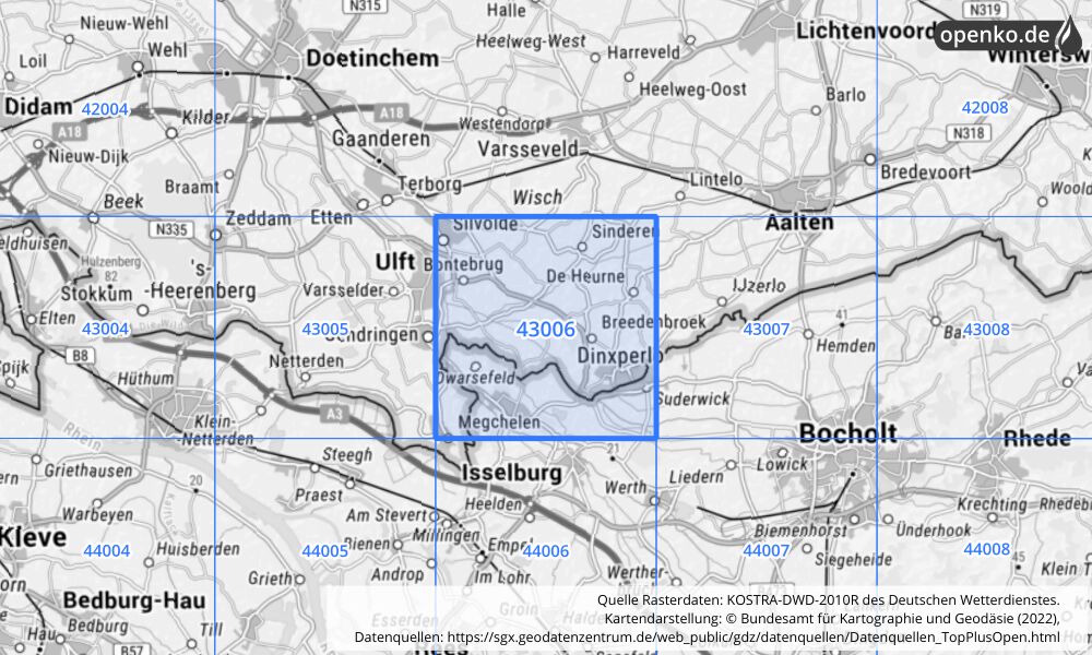 Übersichtskarte KOSTRA-DWD-2010R Rasterfeld Nr. 43006 mit angrenzenden Feldern