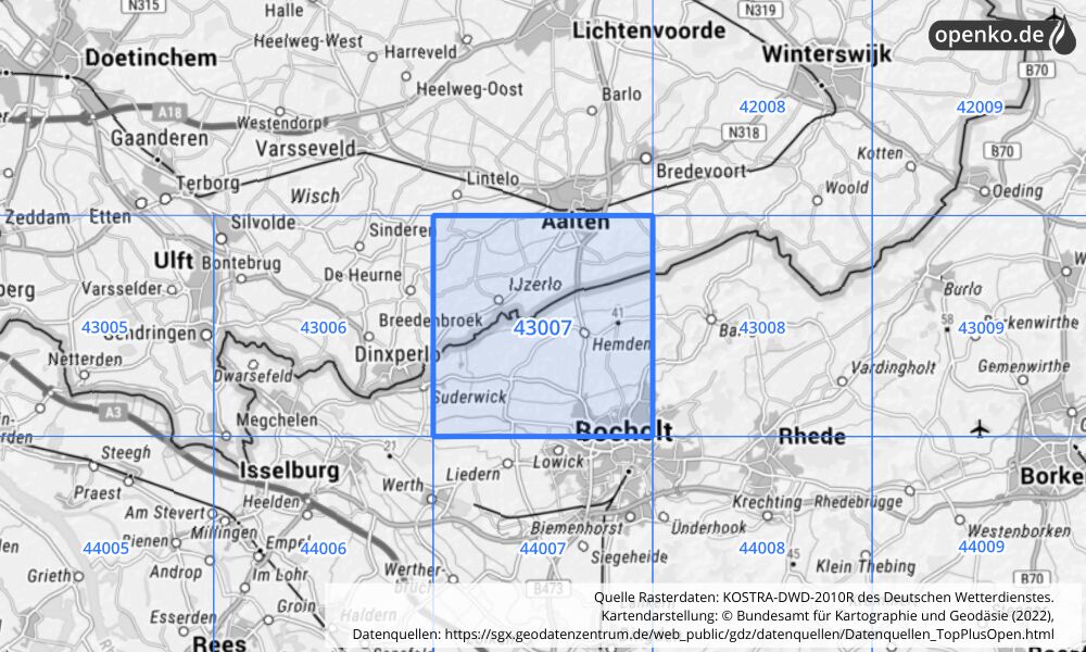 Übersichtskarte KOSTRA-DWD-2010R Rasterfeld Nr. 43007 mit angrenzenden Feldern