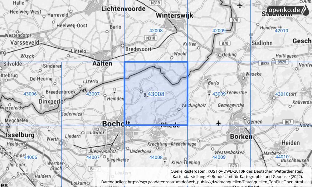 Übersichtskarte KOSTRA-DWD-2010R Rasterfeld Nr. 43008 mit angrenzenden Feldern