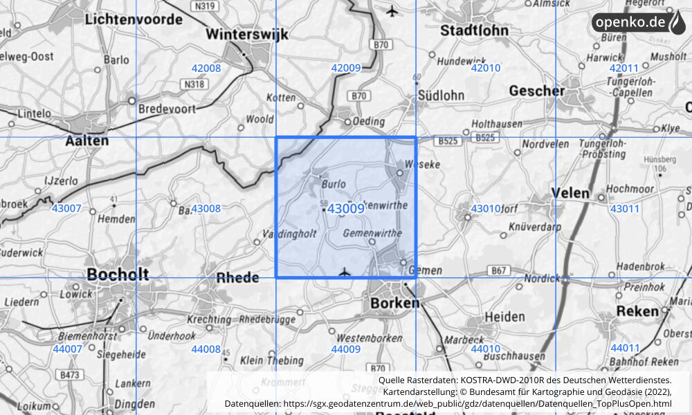 Übersichtskarte KOSTRA-DWD-2010R Rasterfeld Nr. 43009 mit angrenzenden Feldern