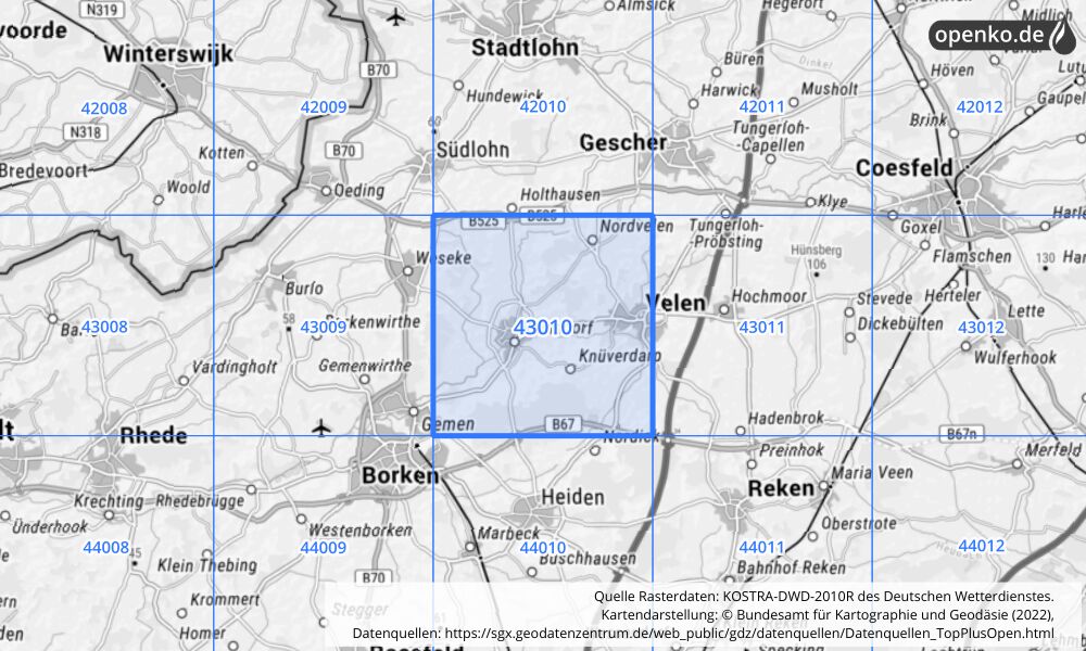 Übersichtskarte KOSTRA-DWD-2010R Rasterfeld Nr. 43010 mit angrenzenden Feldern