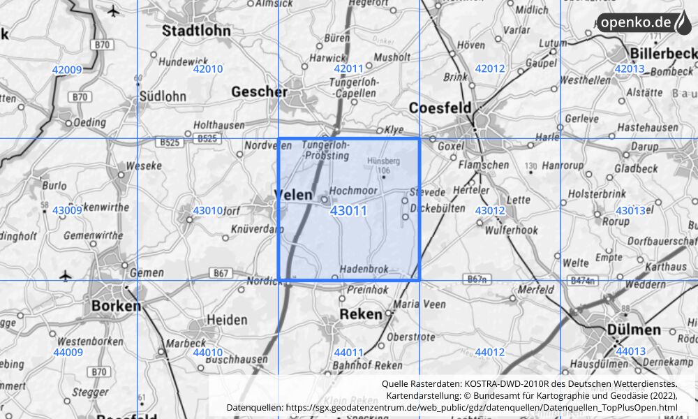 Übersichtskarte KOSTRA-DWD-2010R Rasterfeld Nr. 43011 mit angrenzenden Feldern