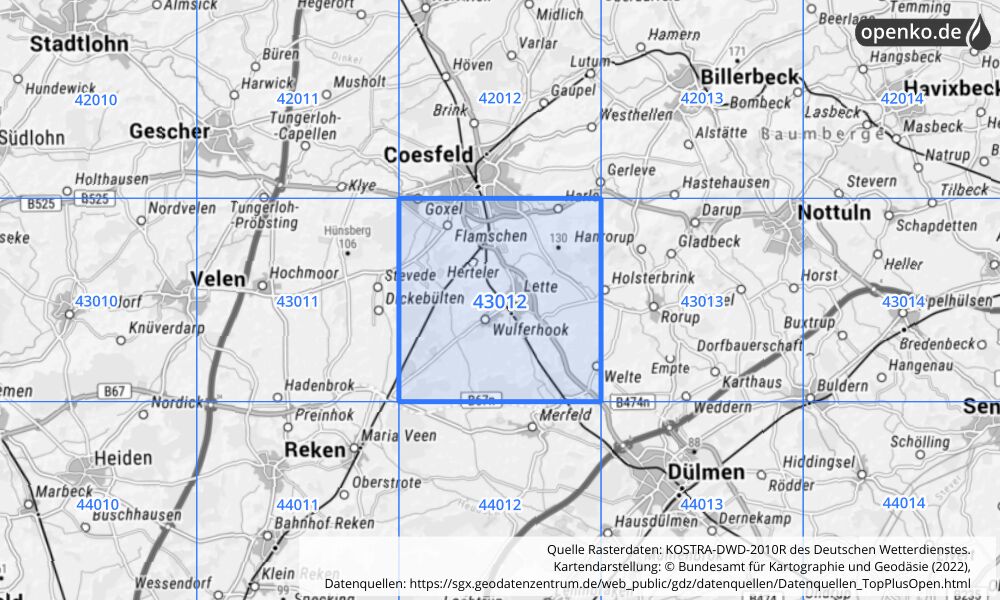Übersichtskarte KOSTRA-DWD-2010R Rasterfeld Nr. 43012 mit angrenzenden Feldern