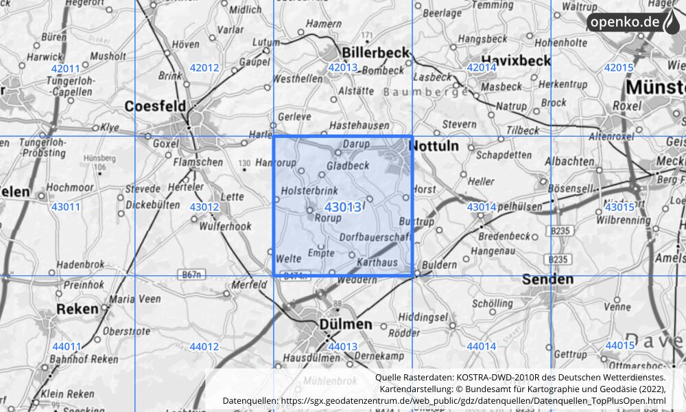 Übersichtskarte KOSTRA-DWD-2010R Rasterfeld Nr. 43013 mit angrenzenden Feldern