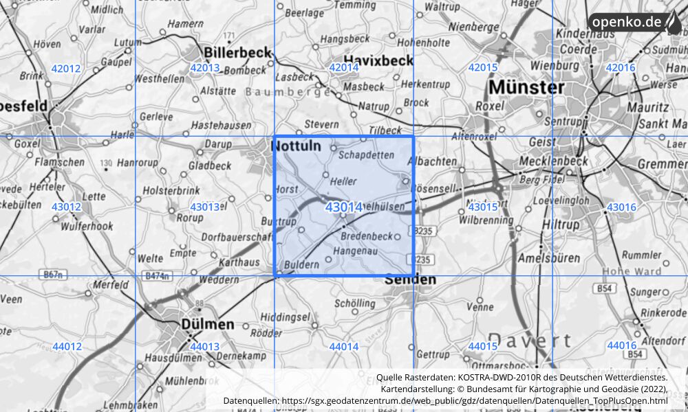 Übersichtskarte KOSTRA-DWD-2010R Rasterfeld Nr. 43014 mit angrenzenden Feldern