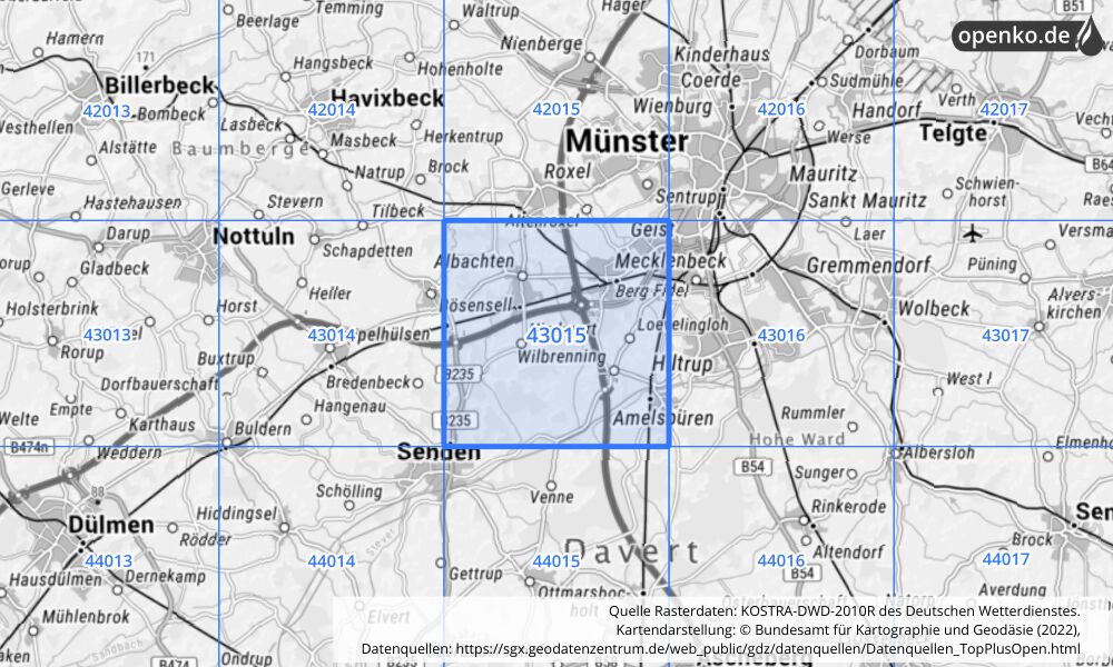 Übersichtskarte KOSTRA-DWD-2010R Rasterfeld Nr. 43015 mit angrenzenden Feldern