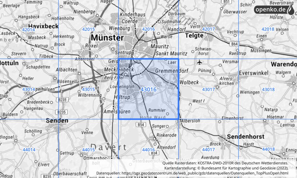 Übersichtskarte KOSTRA-DWD-2010R Rasterfeld Nr. 43016 mit angrenzenden Feldern