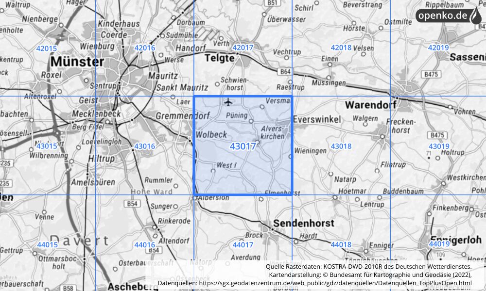 Übersichtskarte KOSTRA-DWD-2010R Rasterfeld Nr. 43017 mit angrenzenden Feldern