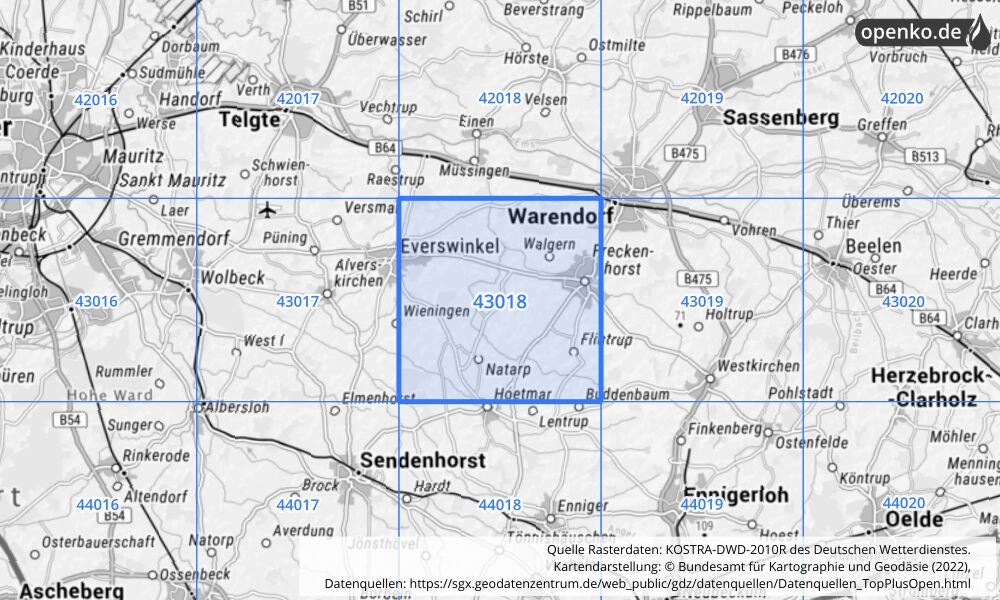 Übersichtskarte KOSTRA-DWD-2010R Rasterfeld Nr. 43018 mit angrenzenden Feldern