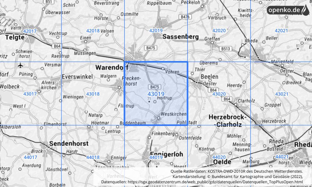 Übersichtskarte KOSTRA-DWD-2010R Rasterfeld Nr. 43019 mit angrenzenden Feldern