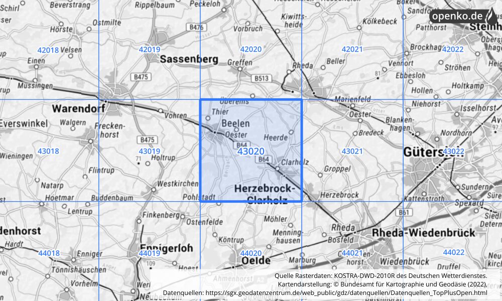 Übersichtskarte KOSTRA-DWD-2010R Rasterfeld Nr. 43020 mit angrenzenden Feldern