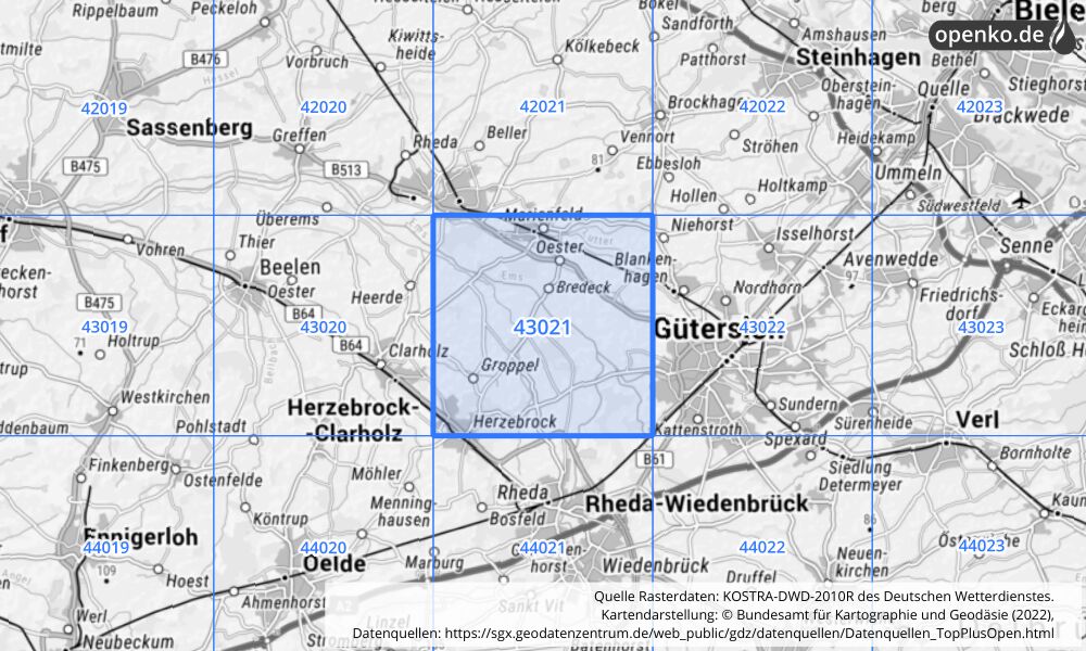 Übersichtskarte KOSTRA-DWD-2010R Rasterfeld Nr. 43021 mit angrenzenden Feldern