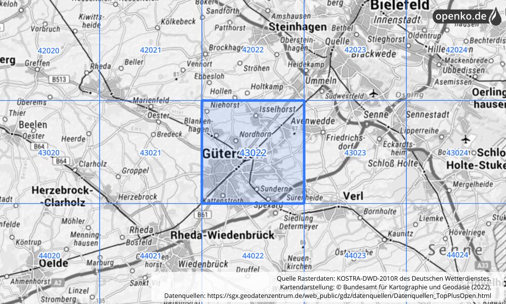 Übersichtskarte KOSTRA-DWD-2010R Rasterfeld Nr. 43022 mit angrenzenden Feldern